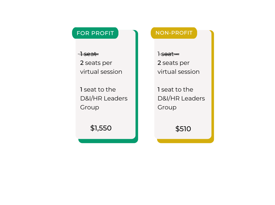 Graphic display of sponsorship options. Sponsorships come with 2 seats per virtual session, and one 1 seat to the D&I/HR Leaders Group. For-profit organization price is $1,550, non-profit organizaiton price is $510.