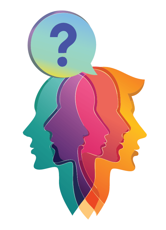 colorful Artful image of several overlapping profiles with a question mark in a single speech bubble over the heads