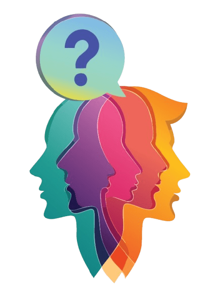 colorful Artful image of several overlapping profiles with a question mark in a single speech bubble over the heads trans bgd