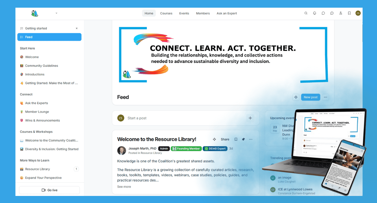 Image of the welcome page of the inside of the new coalition app with a laptop and cell phone 