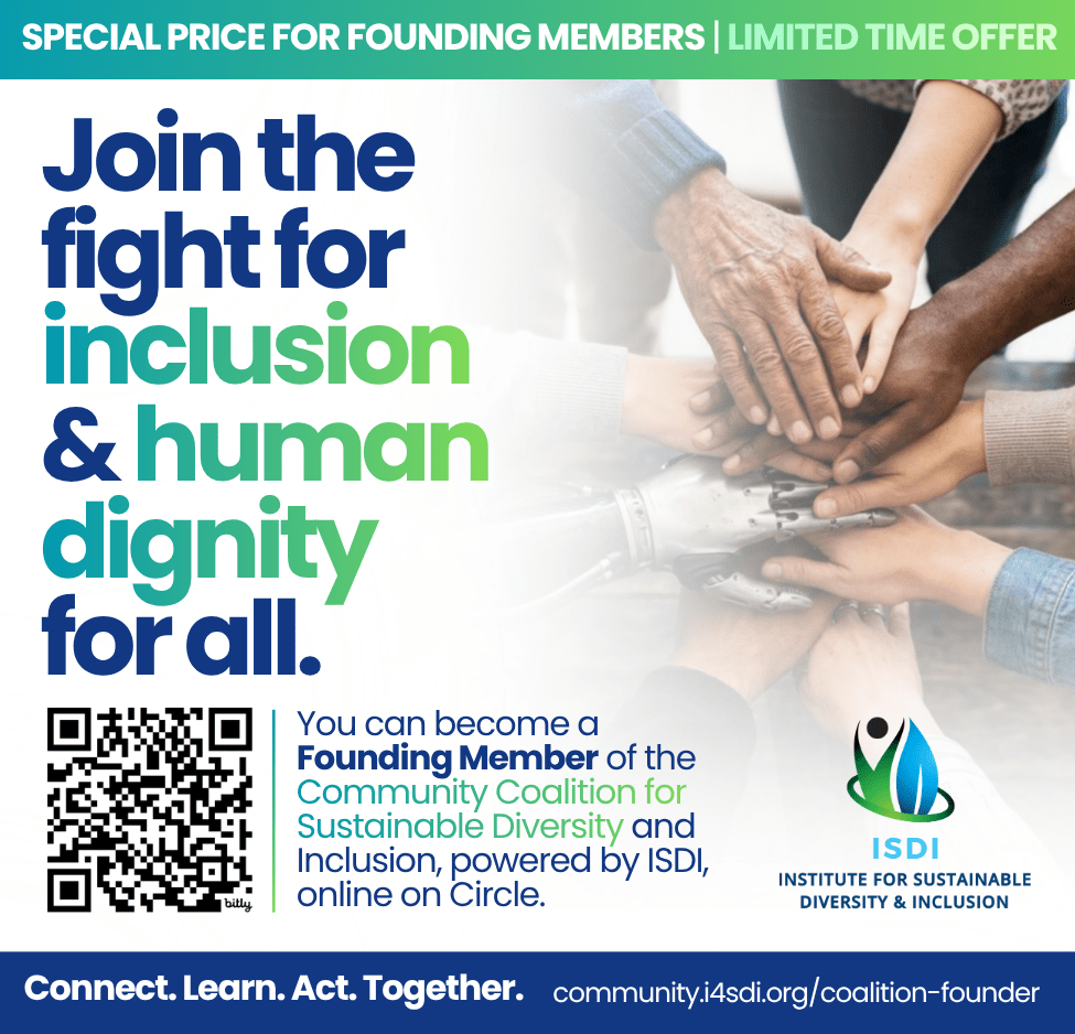 image of diverse hands stacked on top of each other print reads join the fight for inclusion and human dignity for all ISDI with a QR code for donations