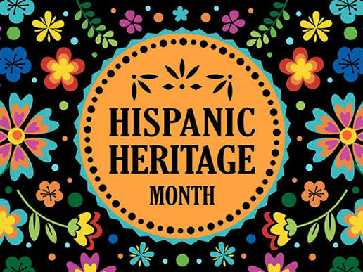 hispanic heritage month Brightly colored flower motif on a black background with a large orange circle with the words Hispanic Heritage month