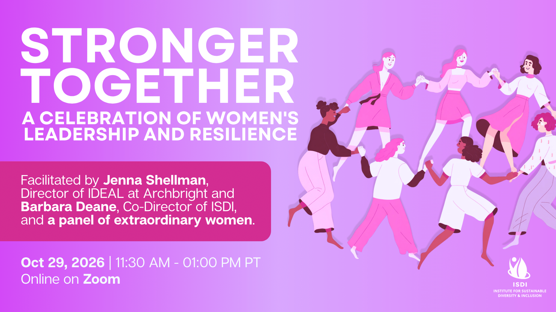 Pink color cartoon image of women dancing in a circle. Special presentation image for stronger together Oct 29th